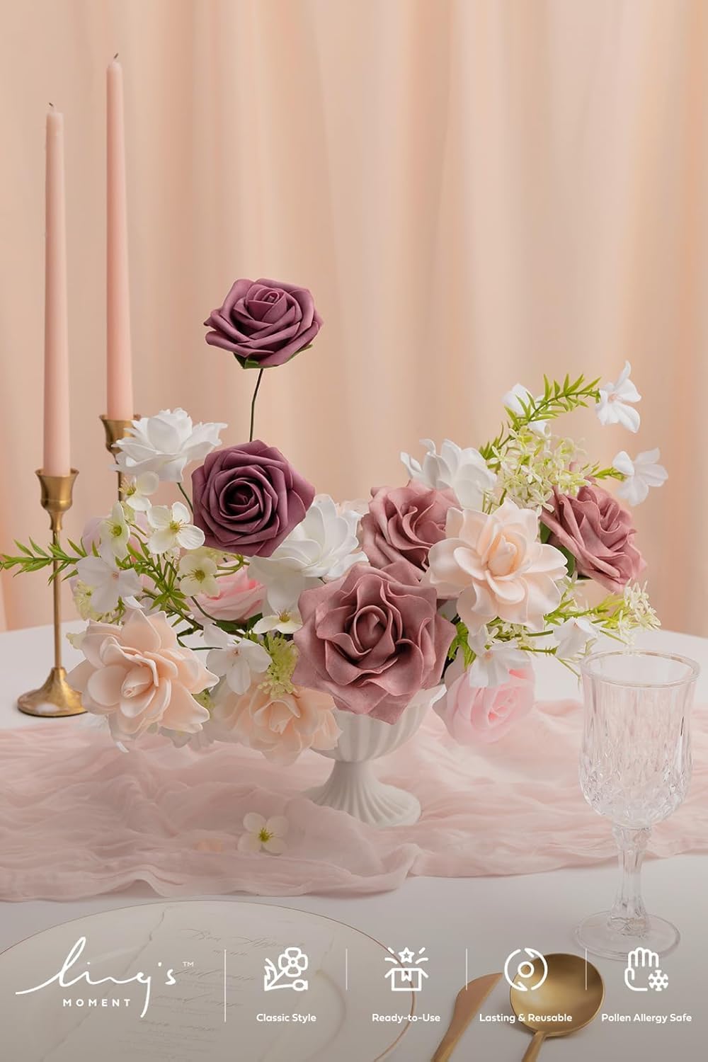 Ling's moment Pink Artificial Gardenia Flowers with Stems, 25 pcs