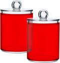 SHJI Red Qtip Holder Organizer Dispenser Cotton Swabs Cans Plastic Jars with Lid Set 2 Pack Bathroom Storage Canister for Cotton Ball Floss Cotton Pads
