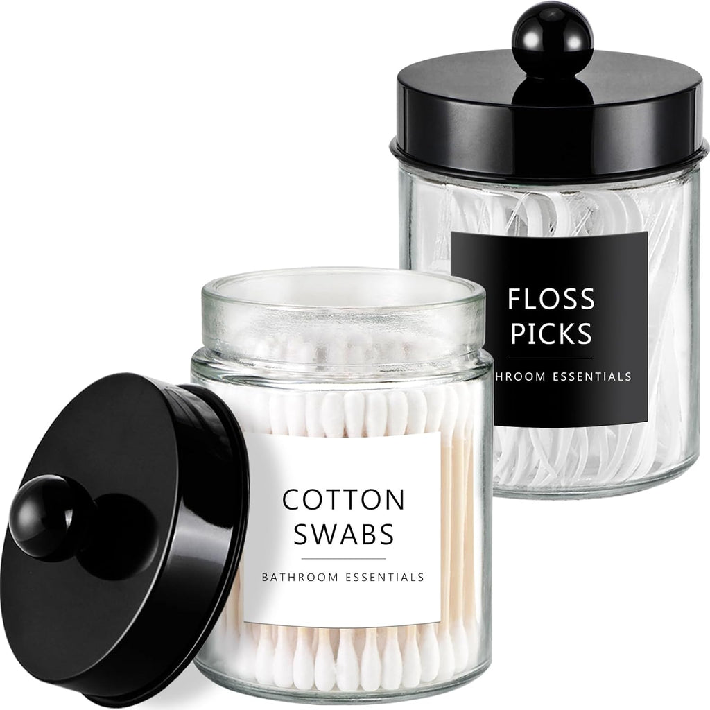 Amolliar Glass Apothecary Jars Qtip Holder w/Plastic Lids,Black 2pc