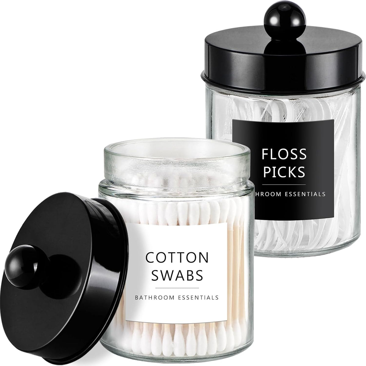 Amolliar Glass Apothecary Jars Qtip Holder w/Plastic Lids,Black 2pc