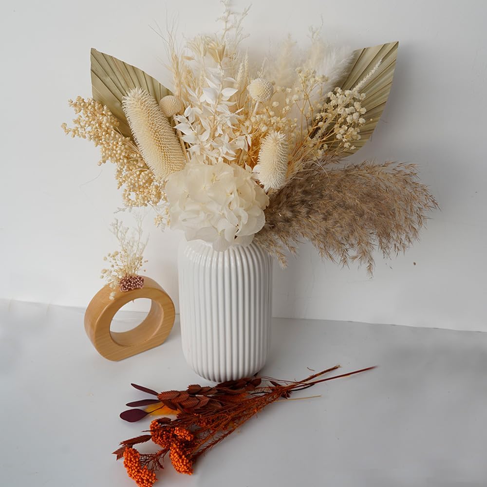 Natural Dried Pampas Grass Bouquet - 17" White & Ivory Dried Flowers with Palm Leaves & Hydrangea, Boho Home Decor for Wedding, Bridal Shower, Baby Shower & Farmhouse DIY Arrangements, No Vase