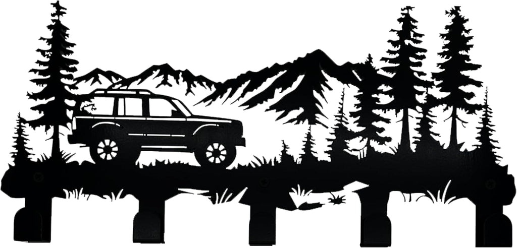 Metal Car Coat Hooks and Key Holder, Mountain Design Wall Art Decor with 5 Hooks, Clothes Hat Rack, and Backpack Hanger, Storage Decor for Living Room, Hallway, Office, Kitchen, Entryway, and Bedroom