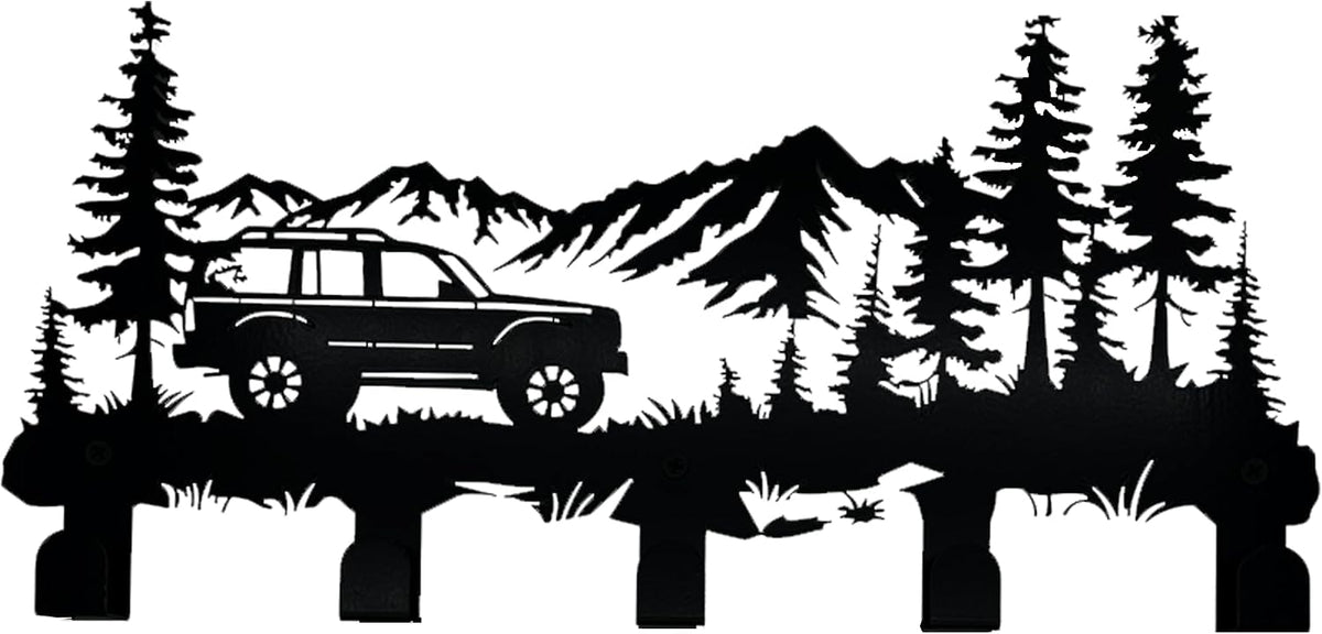Metal Car Coat Hooks and Key Holder, Mountain Design Wall Art Decor with 5 Hooks, Clothes Hat Rack, and Backpack Hanger, Storage Decor for Living Room, Hallway, Office, Kitchen, Entryway, and Bedroom
