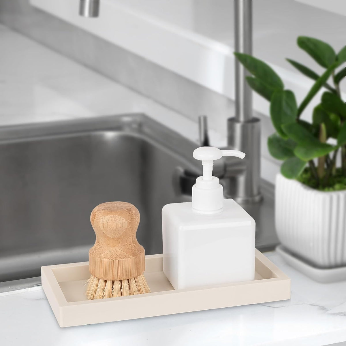Silicone Bathroom Vanity Tray Dish Soap Holder Sink Organizer, Beige