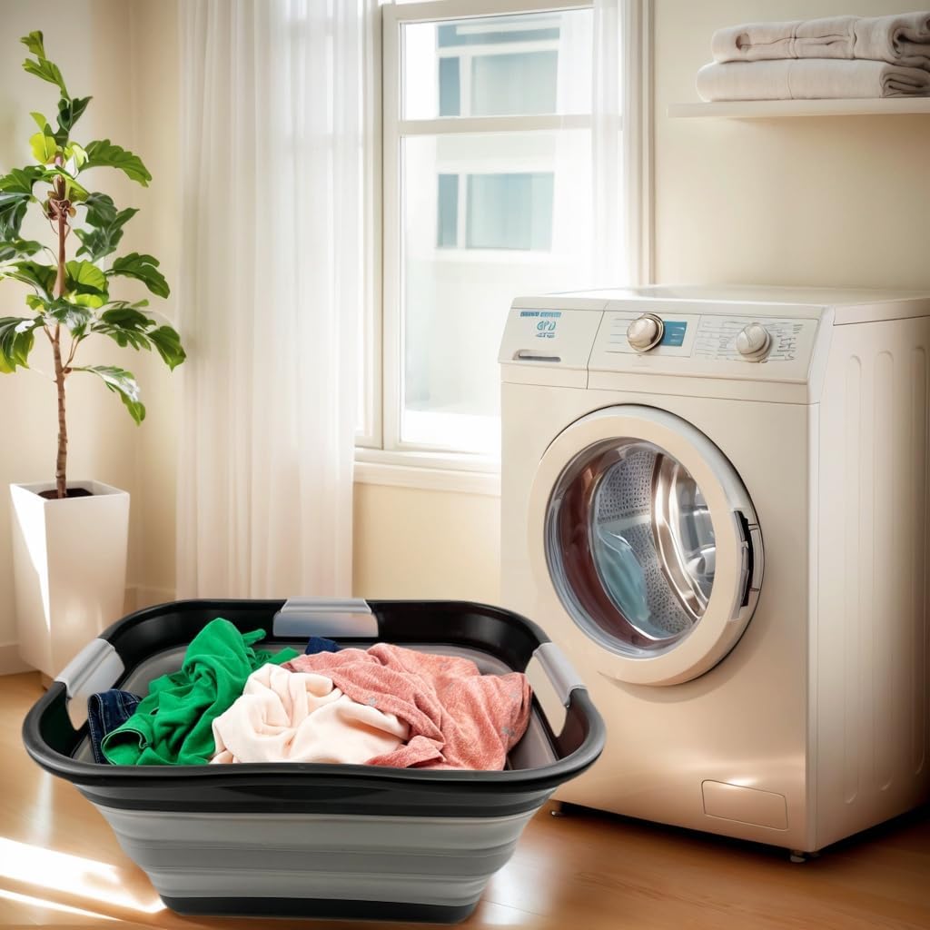 New SAMMART 30L(8 gallon) Collapsible Plastic Laundry Basket - Foldable Pop Up Storage Container/Organizer - Space Saving Hamper/Basket - Water Capacity 24L(6.3 gallon) (Black/Alloy Grey)