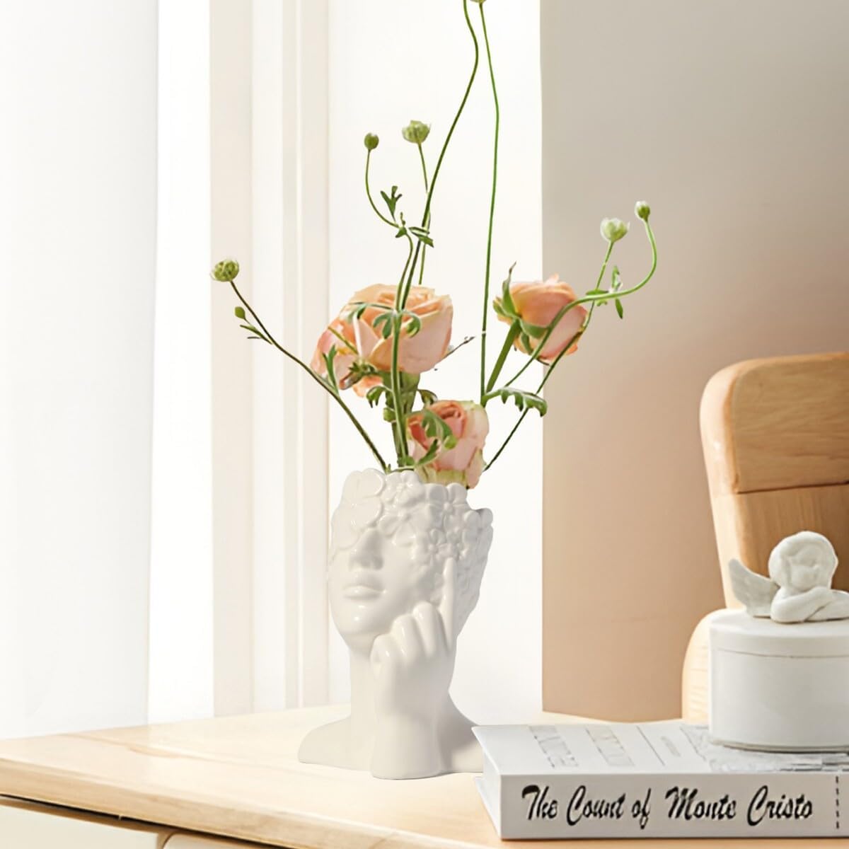 Ceramic Face Vase White Flower Vase for Decor, Female Face Vase Art, Modern Decorative Vase Centerpiece for Table, Shelf, Living Room, Office, Bedroom, Small
