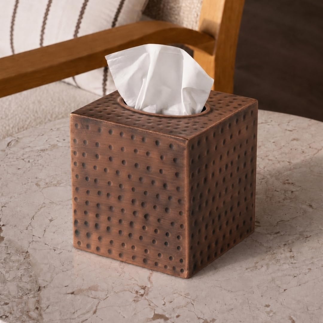 Monarch Abode Tissue Box Cover Square – Hand Hammered Antique Copper Metal Tissue Holder Box for Bathroom Accessory, Aesthetic Decorative Facial Napkin Cube for Modern Home Decor