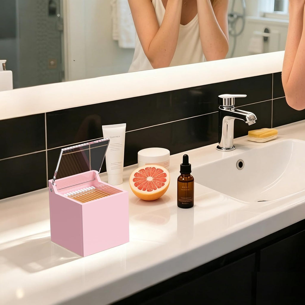 Qtip Holder Dispenser for Cotton Swabs, Balls, Pads, Floss Picks, Lightpink Acrylic Container with Lid Apothecary Jar Bathroom Accessories Canister Vanity Storage Organizer