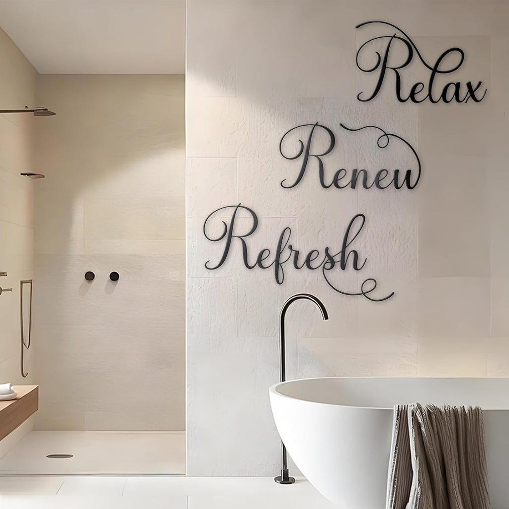 Zzbakress 3 Pcs Relax Refresh Renew Metal Wall Art Black Bathroom Decor Wall Art Metal Decorative Wall Art Farmhouse Wall Decor for Living Room Bedroom Bathroom (Elegant)