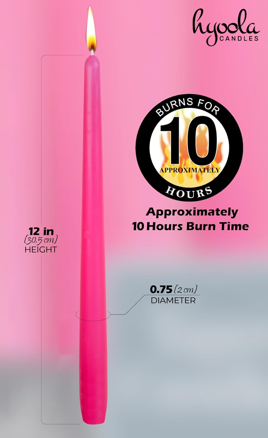 Hyoola 12 Pack Tall Taper Candles - 12 Inch Hot Pink Fuschia Dripless, Unscented Dinner Candle - Paraffin Wax with Cotton Wicks - 10 Hour Burn Time