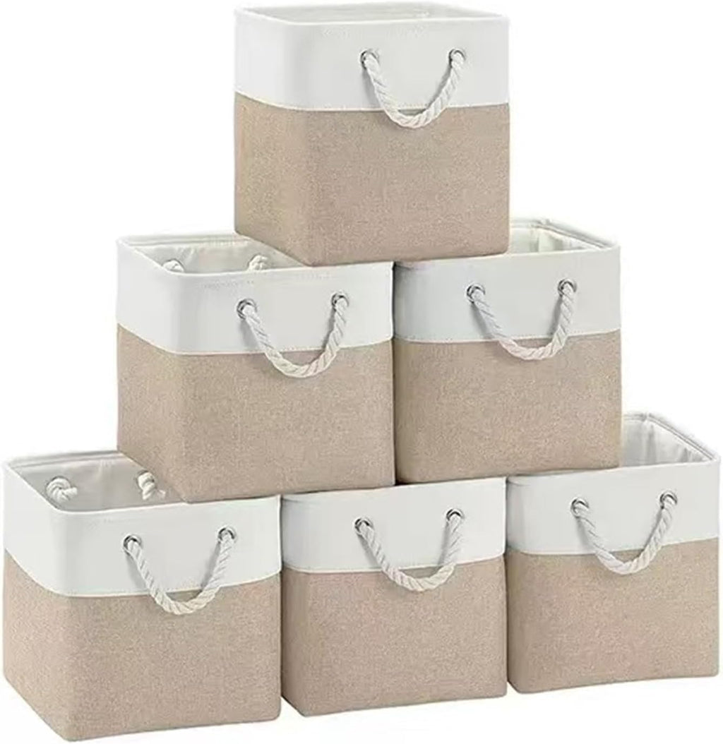 11x11 Inch Cube Storage Bins, 6 Pack Collapsible Fabric Storage Cubes with Rope Handles, Waterproof Foldable Storage Baskets for Cube Shelves, Closet, Clothes, Toys, Books, White & Beige Gold