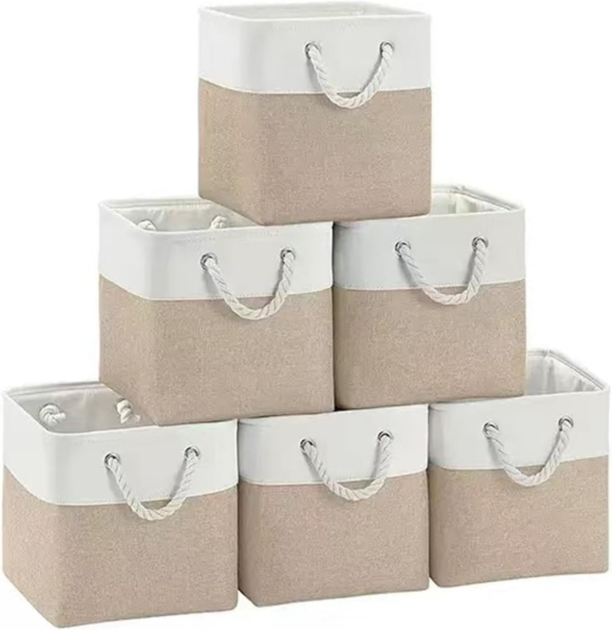11x11 Inch Cube Storage Bins, 6 Pack Collapsible Fabric Storage Cubes with Rope Handles, Waterproof Foldable Storage Baskets for Cube Shelves, Closet, Clothes, Toys, Books, White & Beige Gold