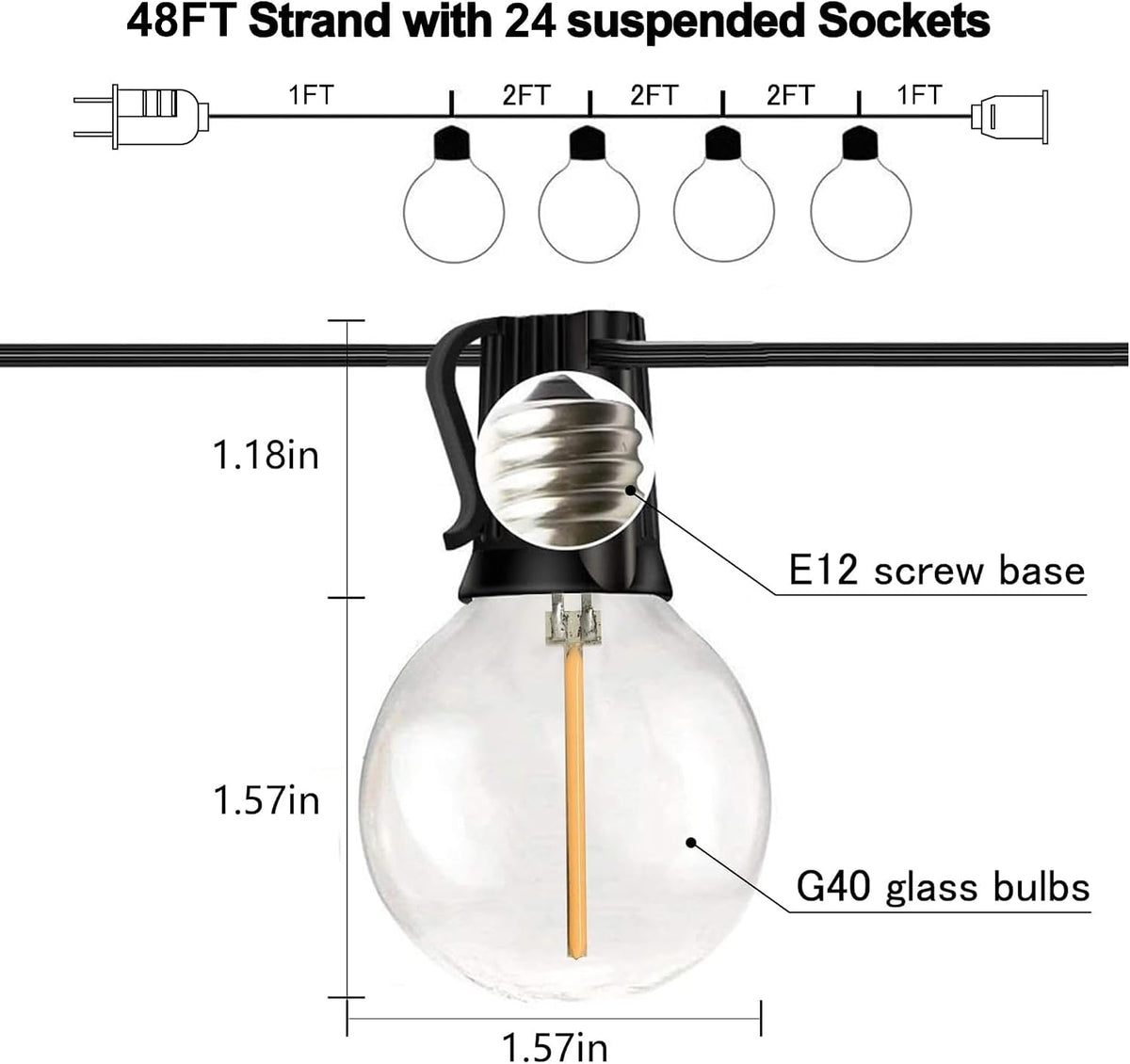 Banord 50FT Outdoor String Lights, Shatterproof Patio Lights with 26 Bulbs