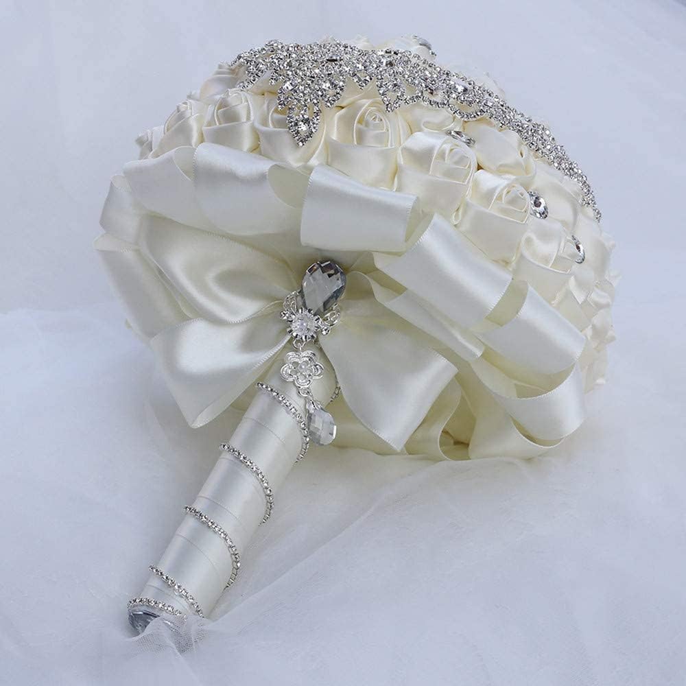 Handmade Luxury Wedding Bridal Bouquet Large Silk Rose Holding Toss Artificial Flowers Bouquets with Satin Ribbon Pearls Rhinestone for Bride Vintage Royal Wedding Bouquet Decor(Ivory)