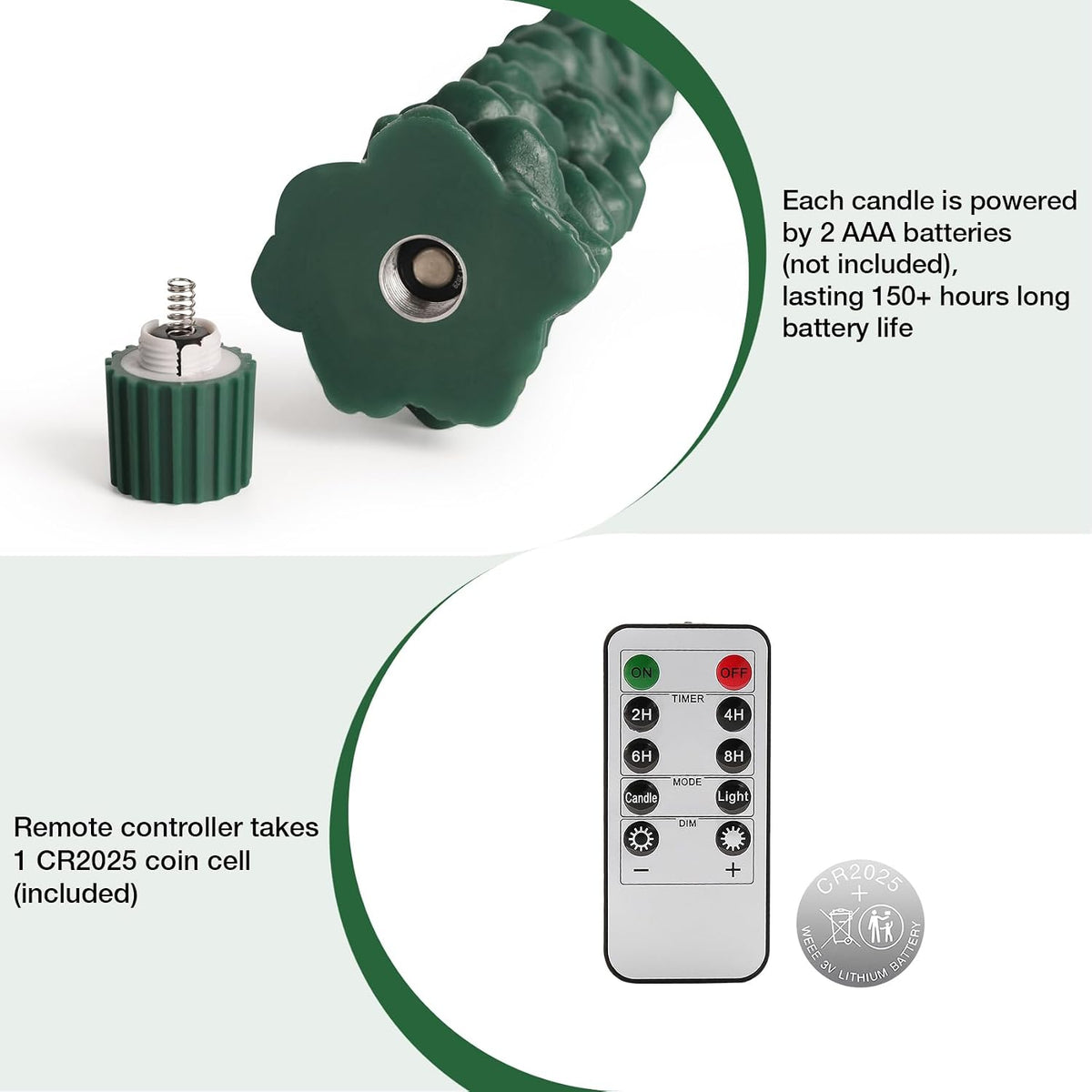 Eywamage Green Christmas Tree Flameless Taper Candles with Remote Set of 2