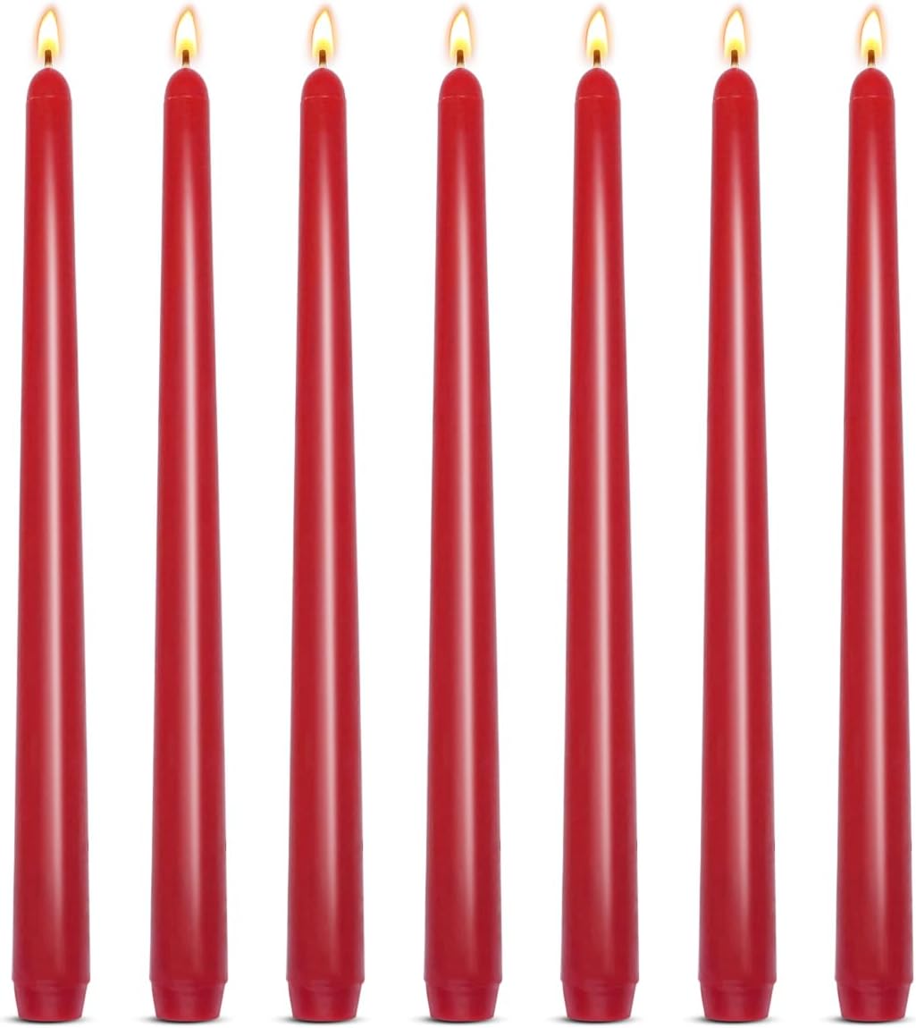 Set of 7 Red Colored Taper Candles, Dripless Unscented Skinny 10 Inch Tall Wax Candlesticks for Home Party Wedding Table Decoration