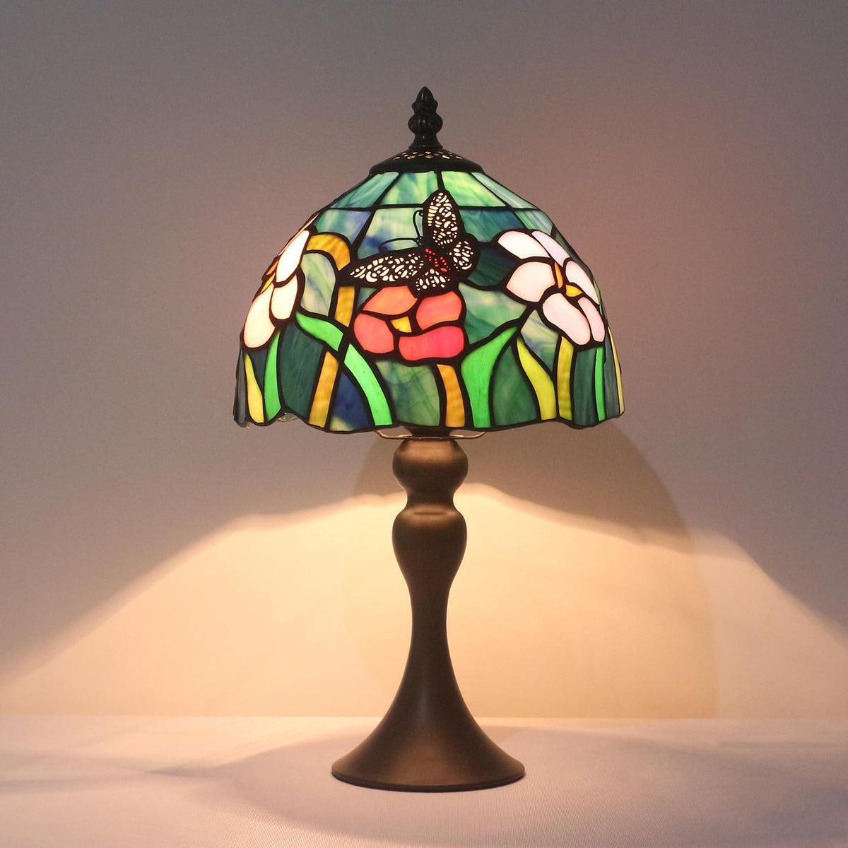 Tiffany Table Lamp,8 Inch Stained Glass Table Lamp,Small Antique Style Lamp,Living Room Bedroom Bedside Nightstand Desk Lamp(Butterfly Tricolor Flower)