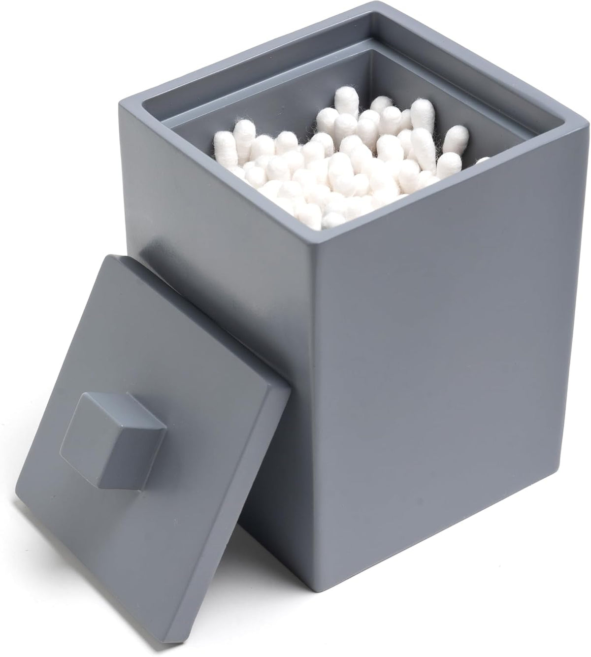 Cotton Swab Holder, Bathroom Resin Q Tips Holder with Lid Dispenser Storage Box Cosmetics Countertop Organizer Containers for Pads, Rounds - Matte Grey