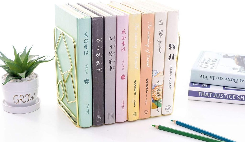 Agirlgle Bookends Metal Book Ends Heavy Duty Modern Decorative Bookend Bookshelf Decor for Home Library Office School Book Display Desktop Organizer Gift (Gold)