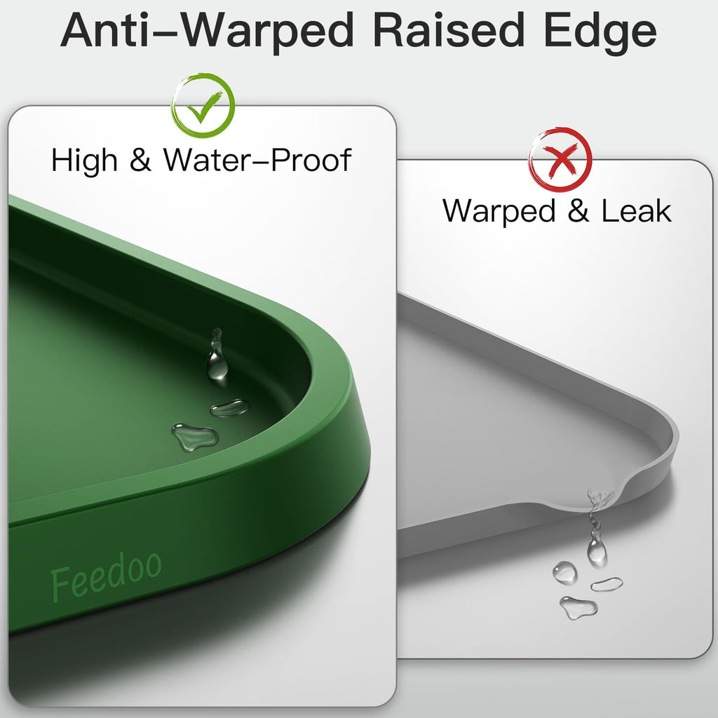 Feedoo Pet Feeding Mat [Warped Resistant Raised Edge], Water-Proof Silicone Placement for Food Water Bowls, Anti-Slip Base Protect Floor, BPA-Free&Dishwasher-Safe [23.5x13.5inch Large, Green]