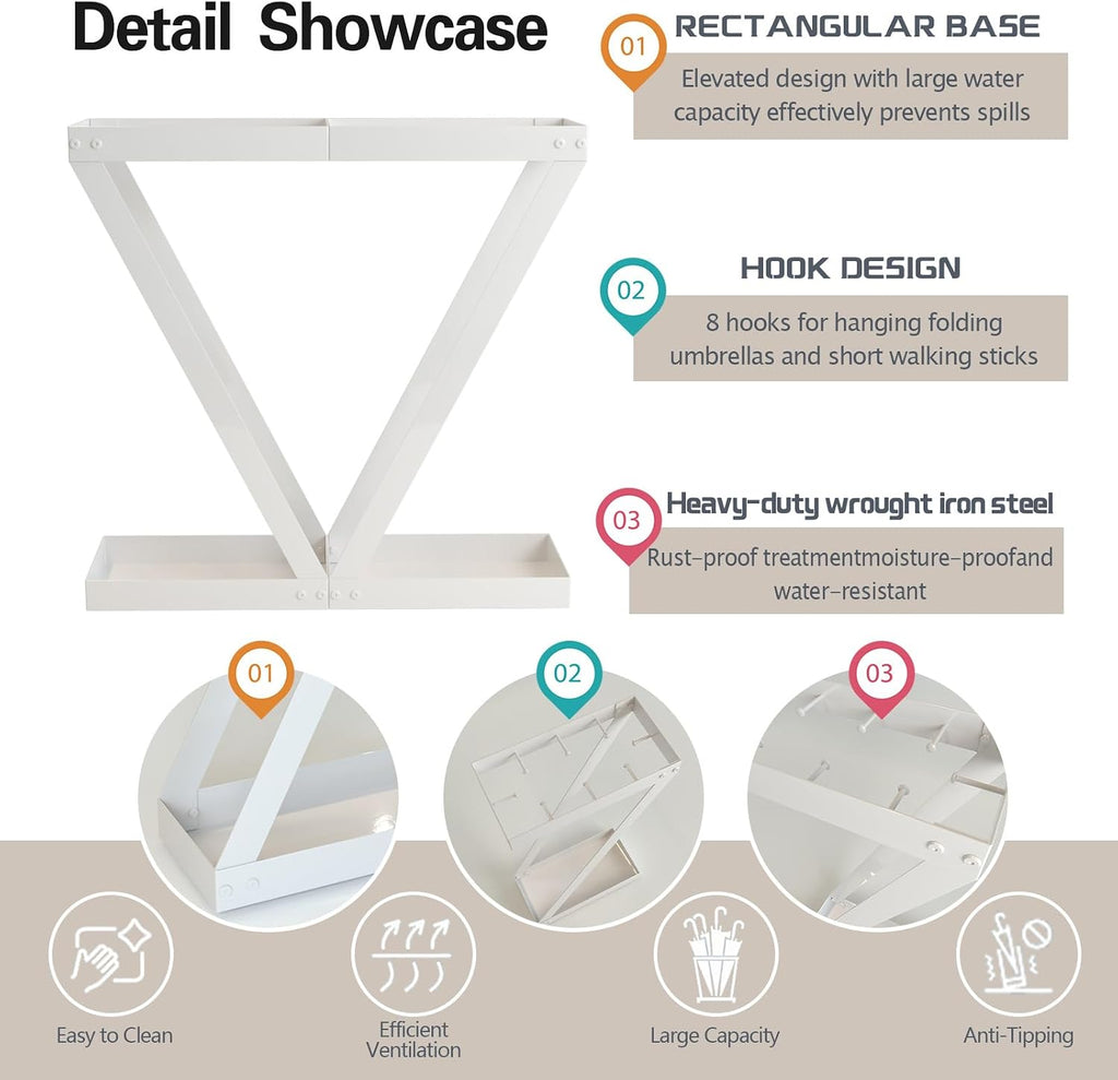 Umbrella Holder for Entryway, White Indoor Umbrella Stand with Hooks,Metal Umbrella Storage Rack Ideal for Home Office Hotel Lobby