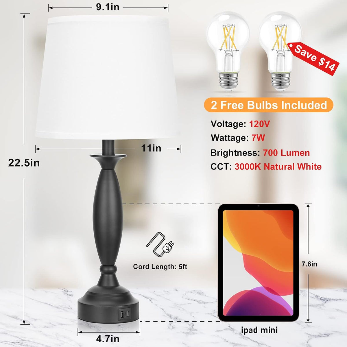 Seealle Bedroom Lamps for Nightstand, Black Bedside Lamps with USB
