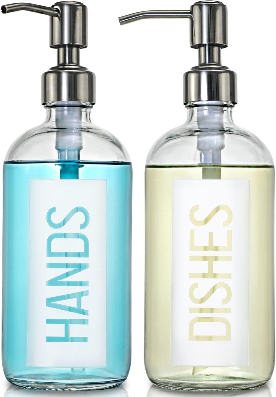 JASAI 2Pack 18OZ Glass Soap Dispenser with Hands & Dishes Printed Label.