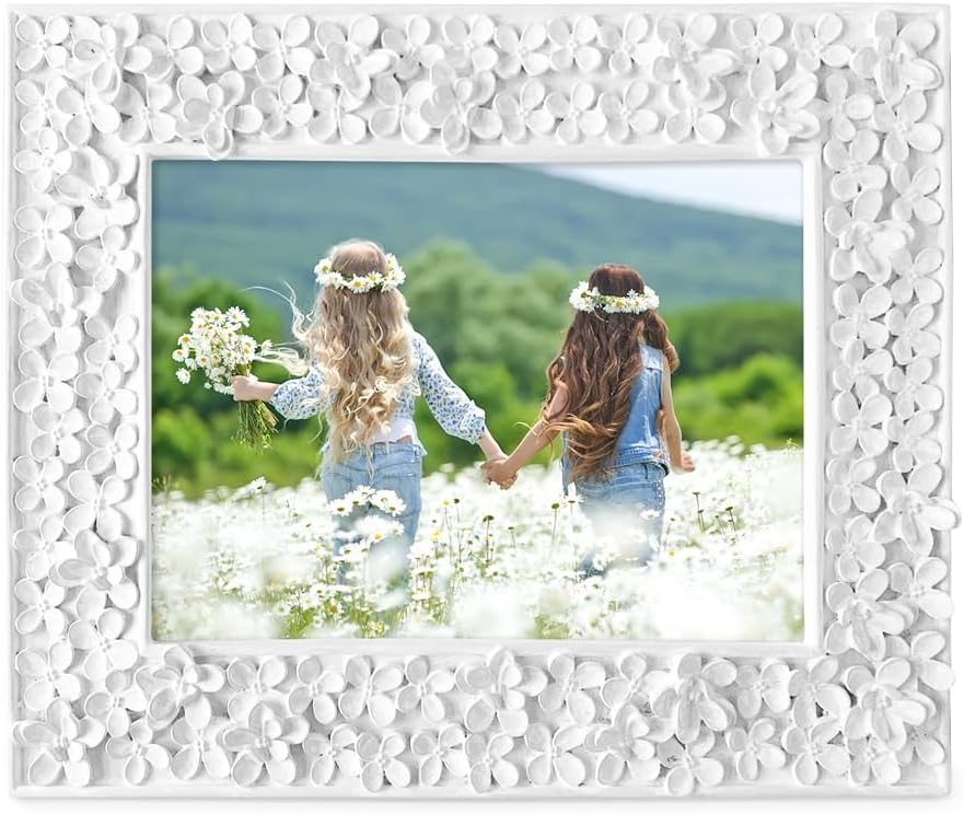 Isaac Jacobs 5x7 White Flower Textured Hand-Crafted Resin Picture Frame
