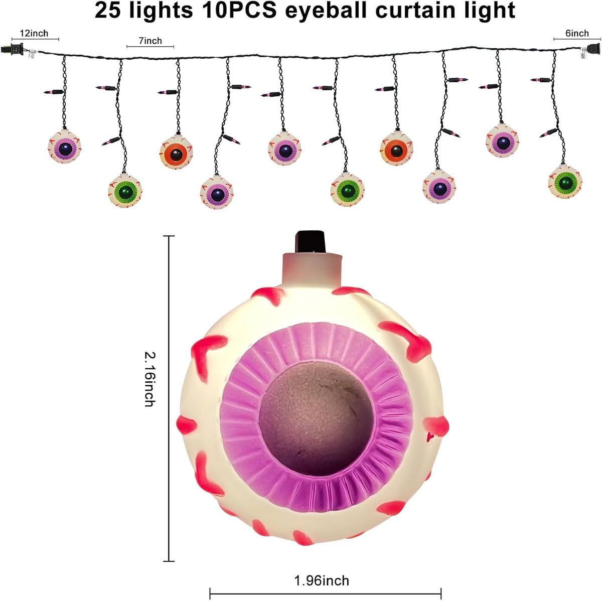 Halloween Eyeball Curtain String Lights Plug in, 7FT Outdoor Halloween Decorations Lights with 10 LED Spooky Eyeball Lights & 15 Mini Purple Bulbs for Window Wall Party Haunted House Patio Decor