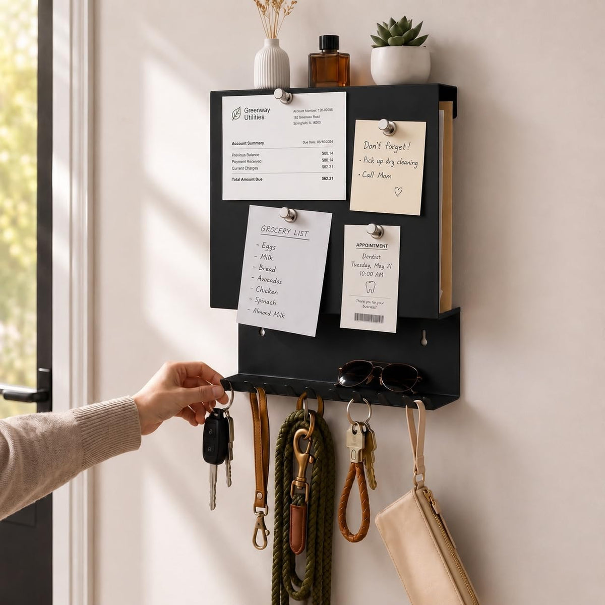 Key Holder Wall Mount,Mail Organizer with Hidden Storage,Minimalist Black