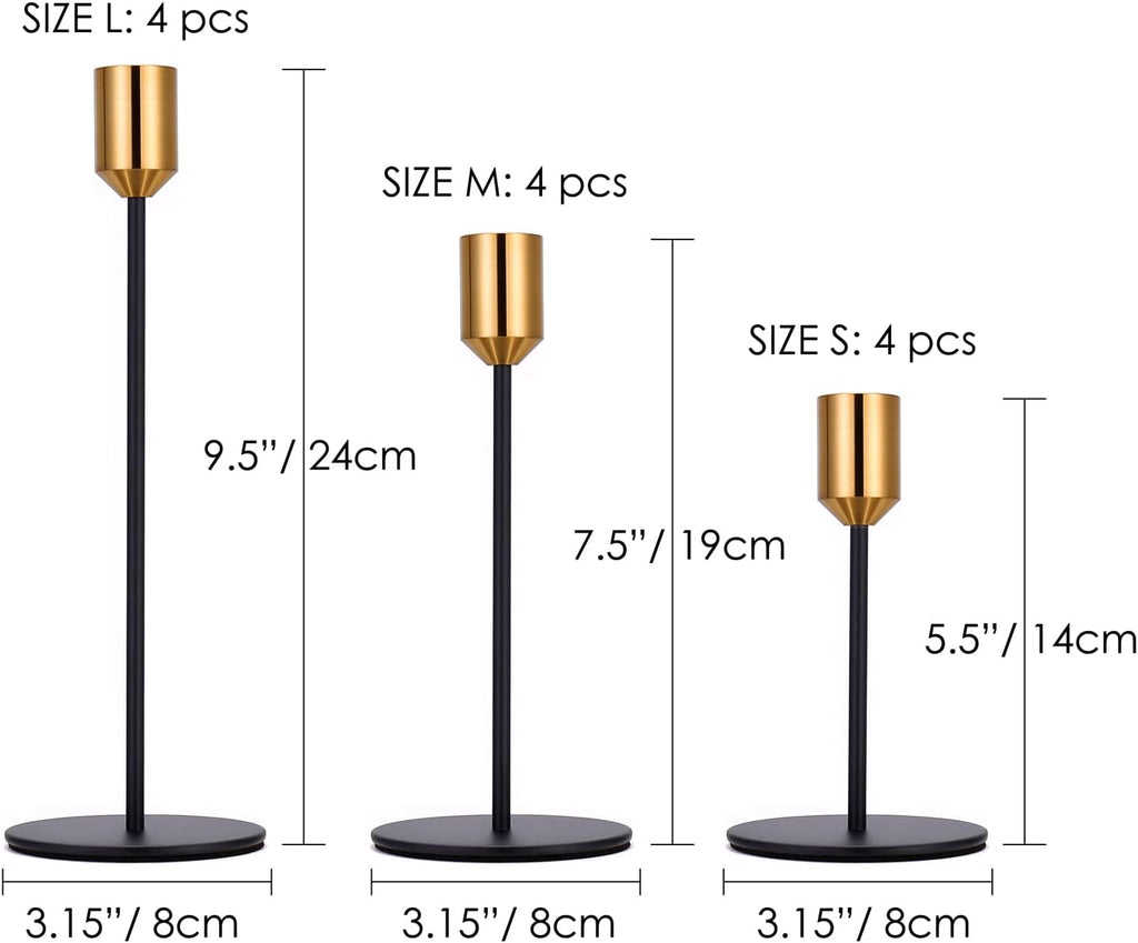 Black Gold Metal Taper Candle Holders Set of 12, Wedding Table Decor