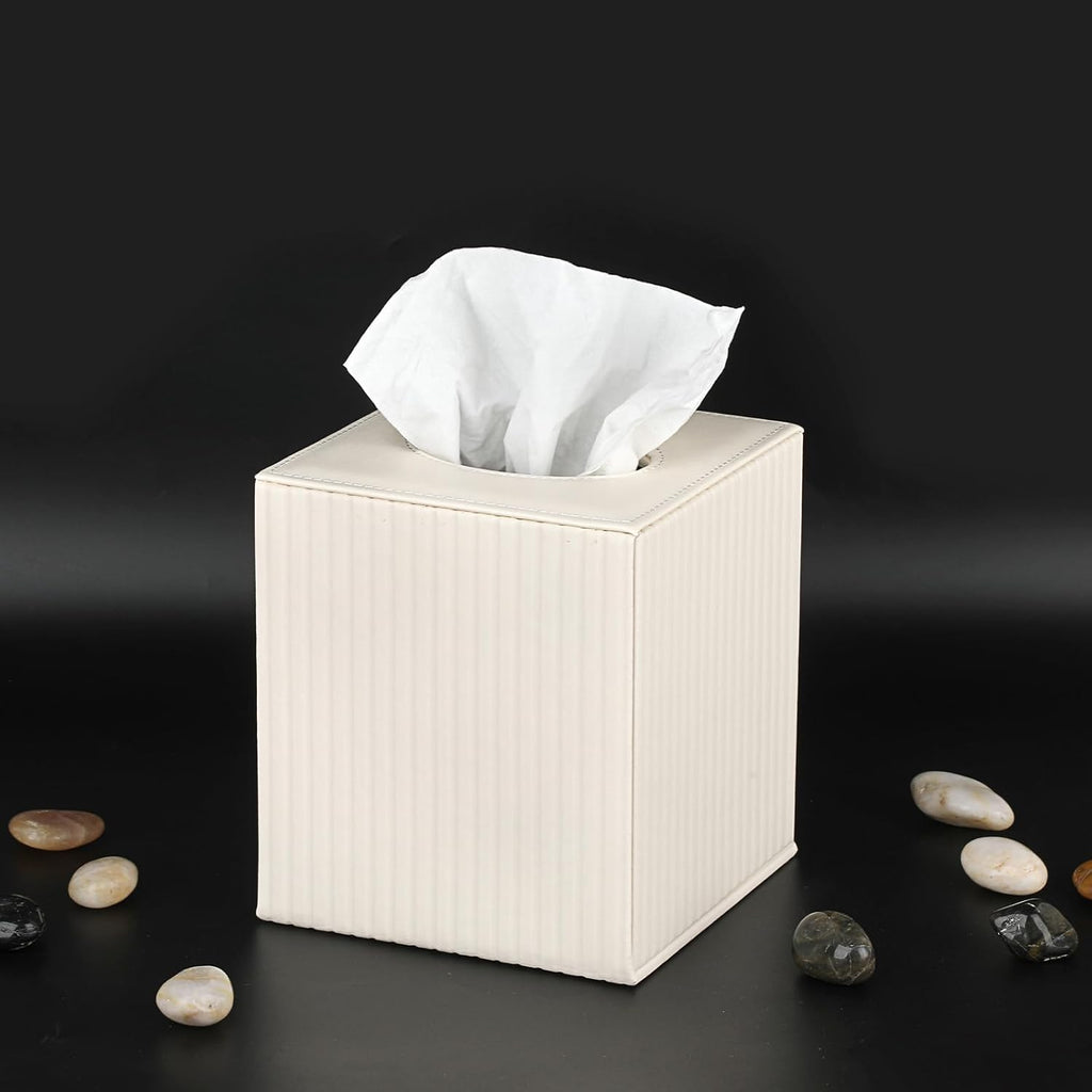 Sumnacon PU Leather Tissue Box Cover Modern Square Tissue Box Holder with Magnetic Closure Decorative Tissue Dispenser Stripes Textured Tissue Holder for Bathroom Car Home Office, Ivory