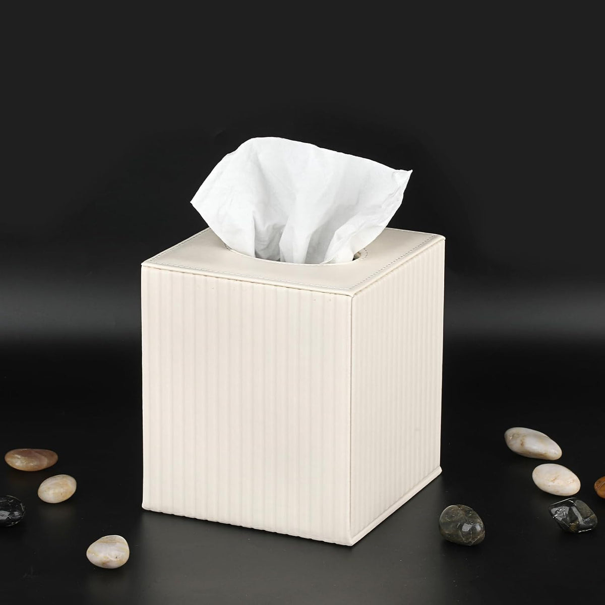 Sumnacon PU Leather Tissue Box Cover Modern Square Tissue Box Holder with Magnetic Closure Decorative Tissue Dispenser Stripes Textured Tissue Holder for Bathroom Car Home Office, Ivory