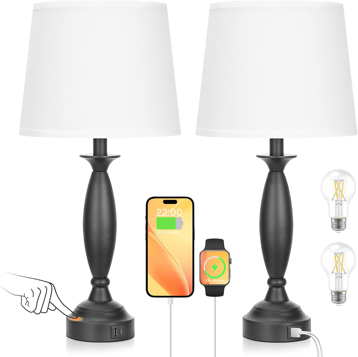 Seealle Bedroom Lamps for Nightstand, Black Bedside Lamps with USB