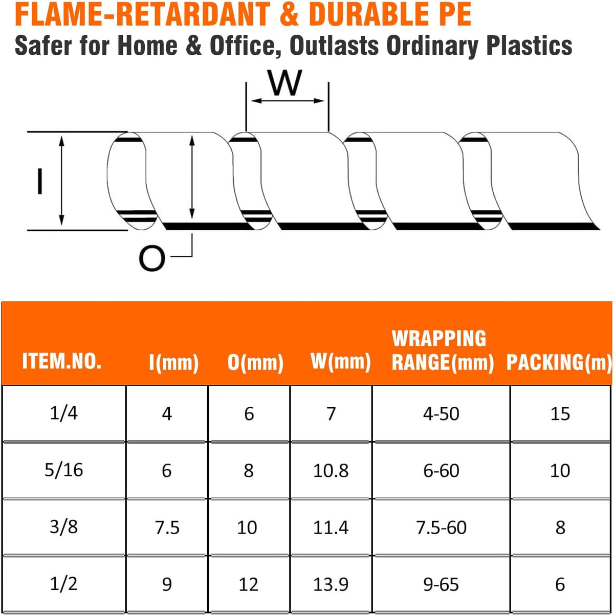 20 Ft Spiral Cable Wrap – 1/2 inch Diameter, PE Wire Organizer for Computer, TV, Office & Automotive Cords – Cut-to-Length, Reusable Bundle Sleeve for Home Electronics & Workshop (1/2Inch)