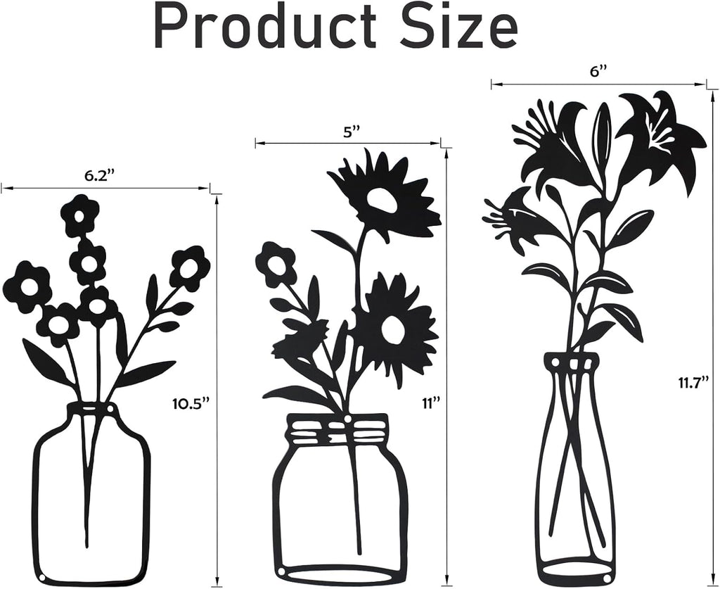 QZGXDECO Black Metal Flower Wall Decor,Metal Vase Wall Art,Minimalist Floral Wall Sculptures,Hanging Decor for Kitchen Dining Room Living Room Bathroom Bedroom(11.5'' X 3PCS)