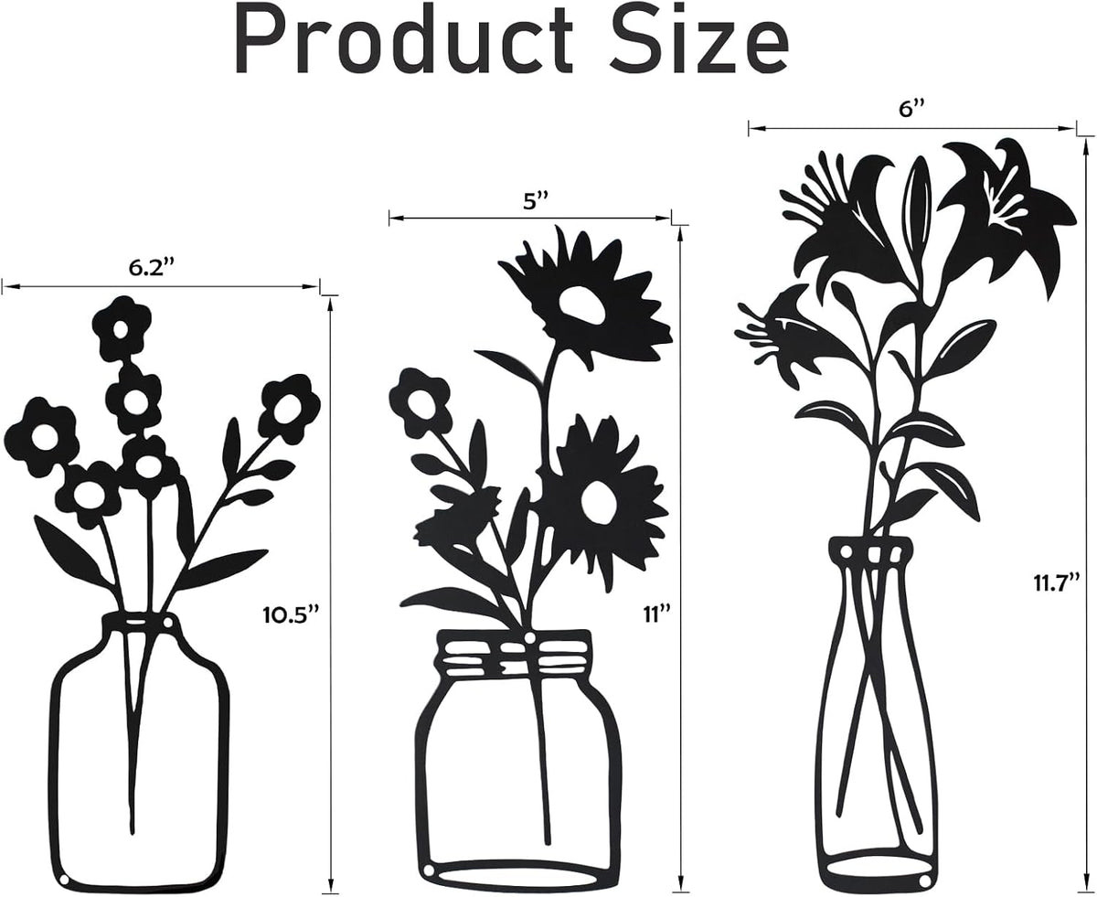 QZGXDECO Black Metal Flower Wall Decor,Metal Vase Wall Art,Minimalist Floral Wall Sculptures,Hanging Decor for Kitchen Dining Room Living Room Bathroom Bedroom(11.5'' X 3PCS)