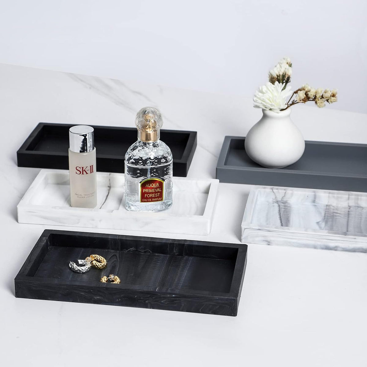 Silicone Bathroom Vanity Tray Dish Soap Holder Sink Organizer, Marble Grey