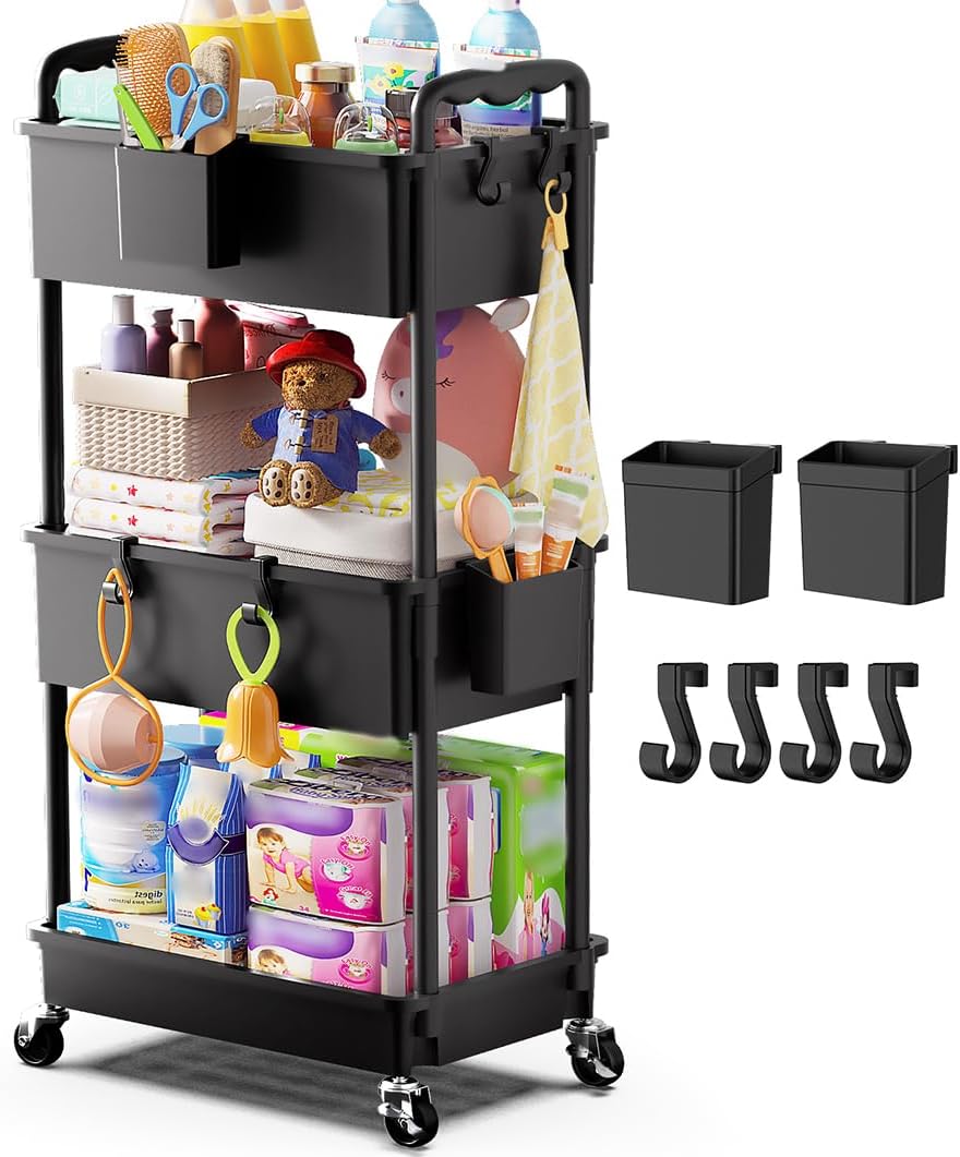 Goovilla Diaper Cart with Lockable Wheels and Easy Assembly, 3 Tier Black