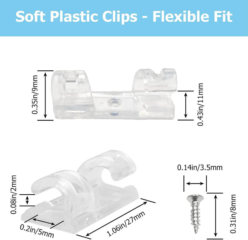 Uxon 50 Pack 1/5 Inch Clear Rope Light Clips with Stainless Steel Screws, Invisible Soft Plastic Mounting Kit with Adhesives Pads for Outdoor Christmas Lights, Cable Clamps for Wire Management
