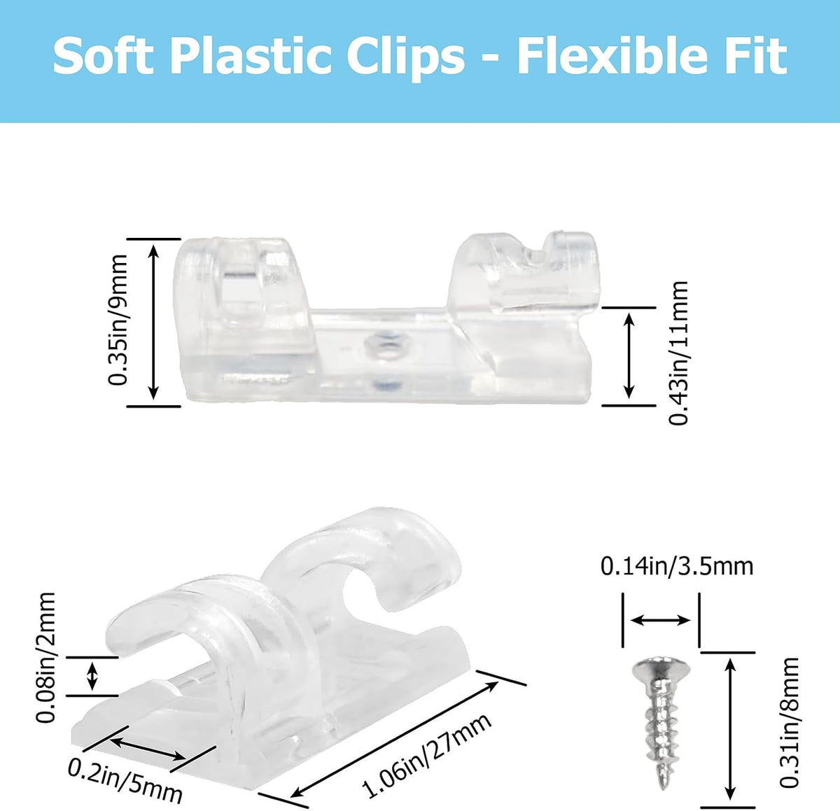 Uxon 50 Pack 1/5 Inch Clear Rope Light Clips with Stainless Steel Screws, Invisible Soft Plastic Mounting Kit with Adhesives Pads for Outdoor Christmas Lights, Cable Clamps for Wire Management