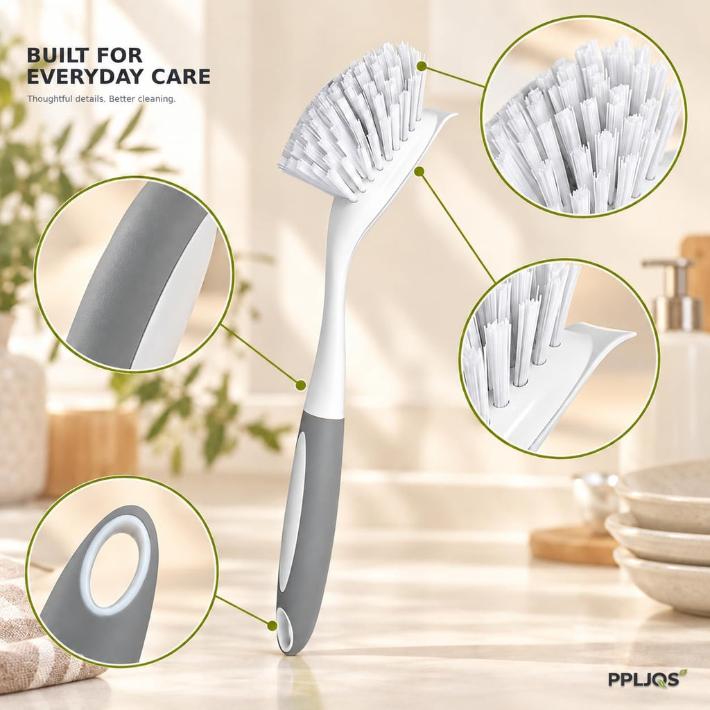 Dish Brush Scrub Brush with Handle - 3 Pack Stiff Bristles Dish Scrubber for Cleaning Dishes, Pots, Pans, Sink, Cast Iron - Hard Bristles,No Residue (Gray)