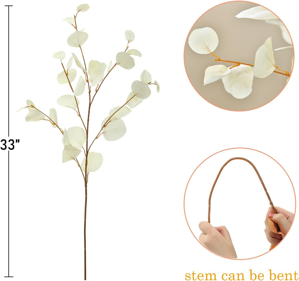 3 PCS 33" Artificial Eucalyptus Stems, Silk Branches for Vase Decor, Cream