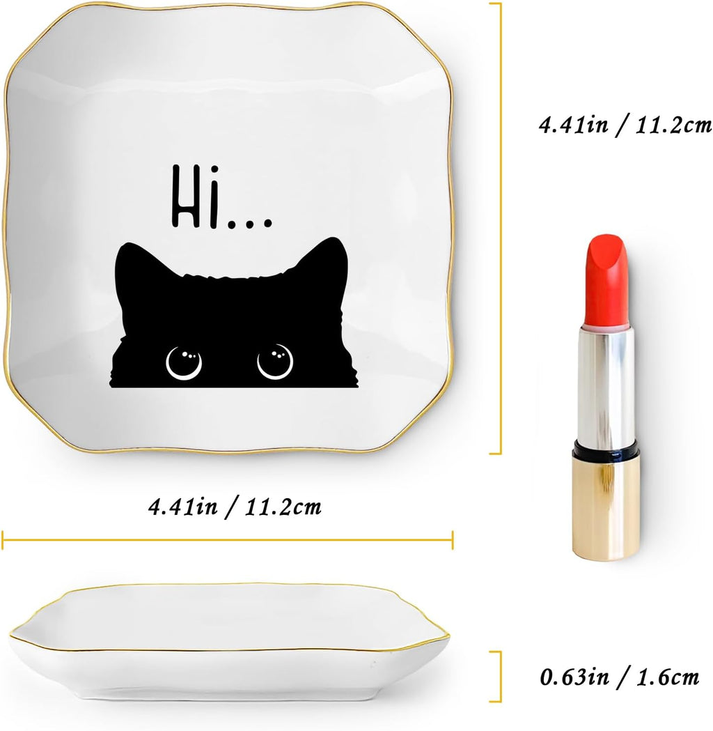 Cute Cat Themed Gifts, Ceramic Jewelry Dish Tray Holder, Trinket Dish, Funny Gifts for Cat Lover Owner Women Friend Birthday, Home Living Room Shelf Desk Table Decor