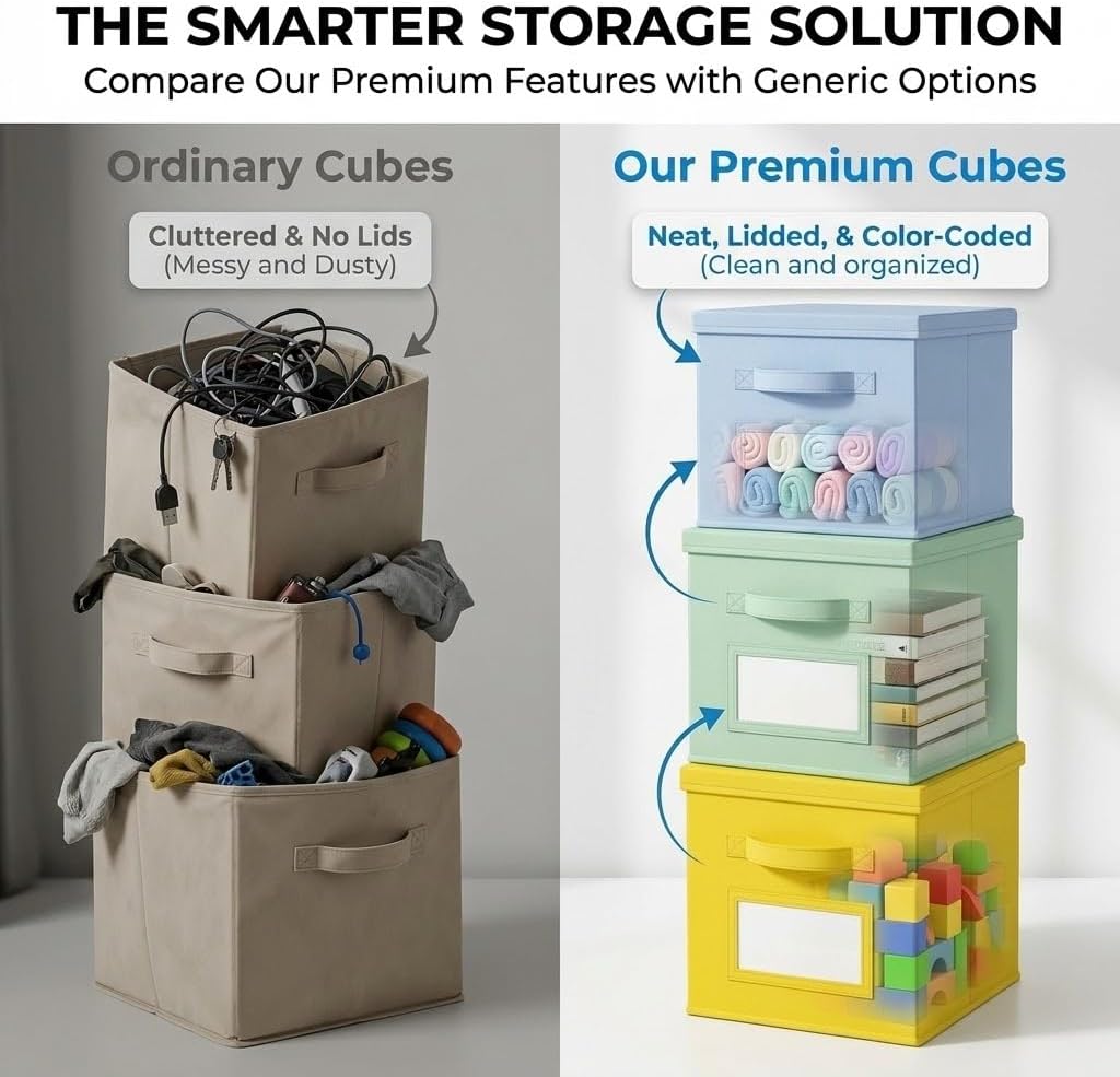 SUREMAX 11 Inch Cube Storage Organizer Bins with Lids, Labels, 6-Packs