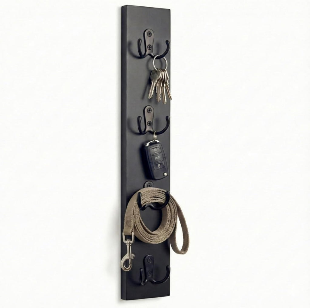 Vertical Key Holder for Wall & Dog Leash Holder – Solid Wood Wall Mount Key Rack with 8 Hooks – Small Space Saving Entryway Organizer for Keys, Lanyards, Masks (Adhesive or Screws) (Black)