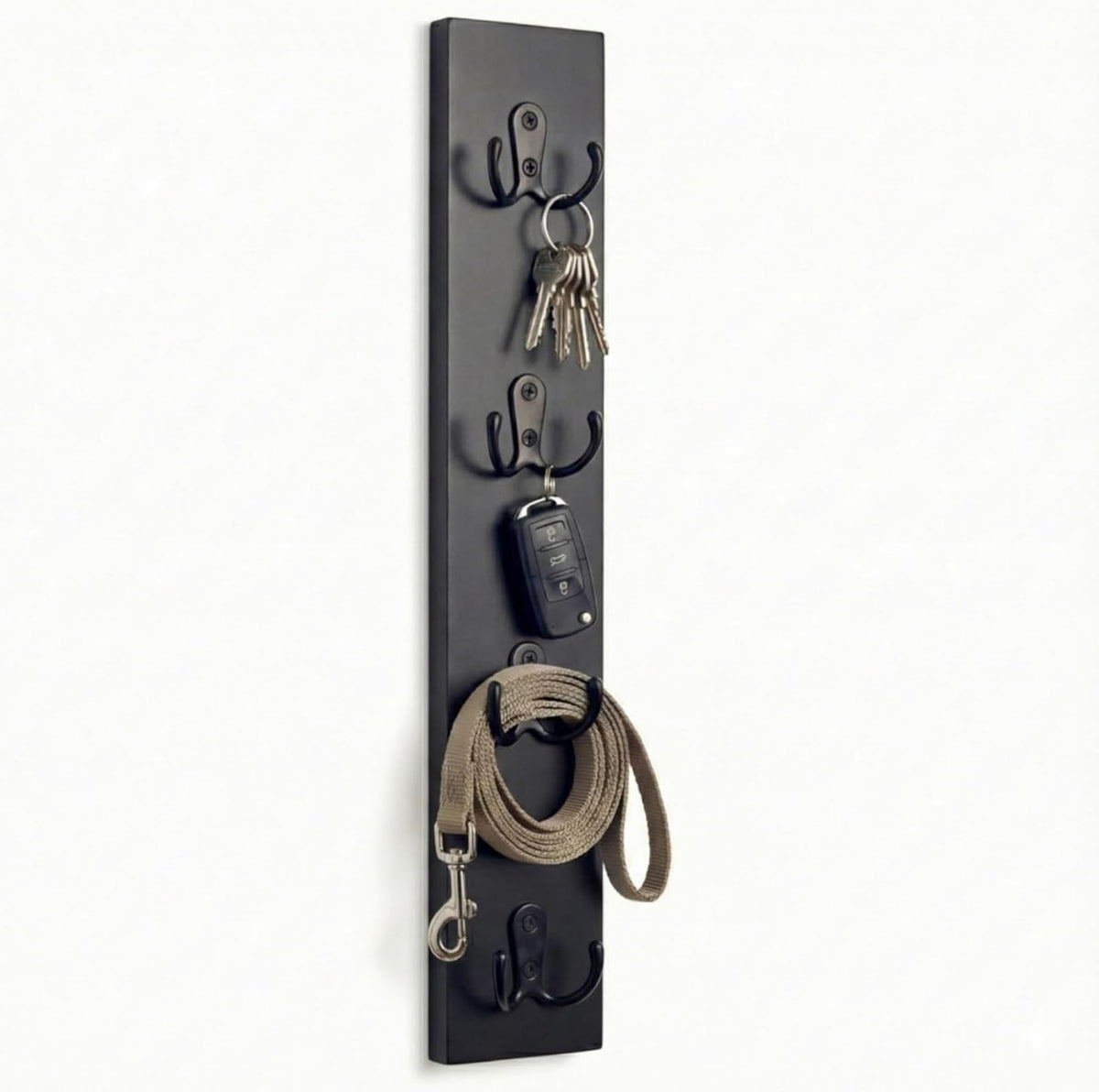 Vertical Key Holder for Wall & Dog Leash Holder – Solid Wood Wall Mount Key Rack with 8 Hooks – Small Space Saving Entryway Organizer for Keys, Lanyards, Masks (Adhesive or Screws) (Black)