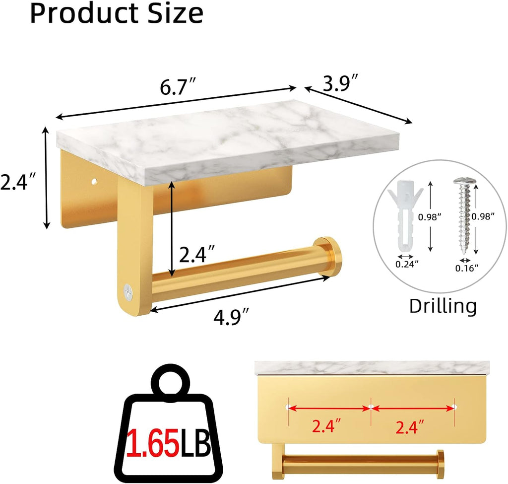 Gypie Toilet Paper Holder with Marble Shelf, Wall Mounted Gold