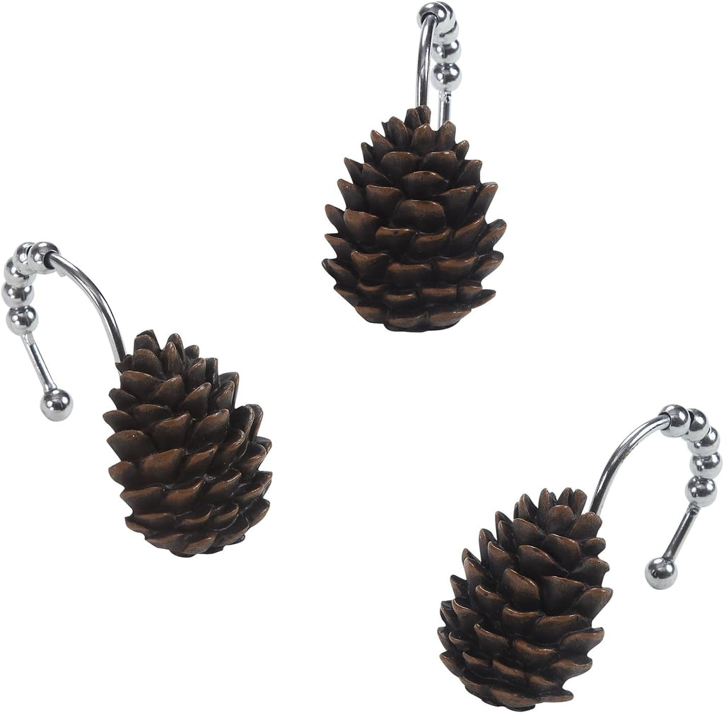 Brown Pinecone Shower Curtain Hooks, Rustproof Rustic Cabin Shower Hooks for Shower Curtain, 5 Roller Ring Balls Lodge Christmas Decorative Bathroom Curtain Hooks, Set of 12