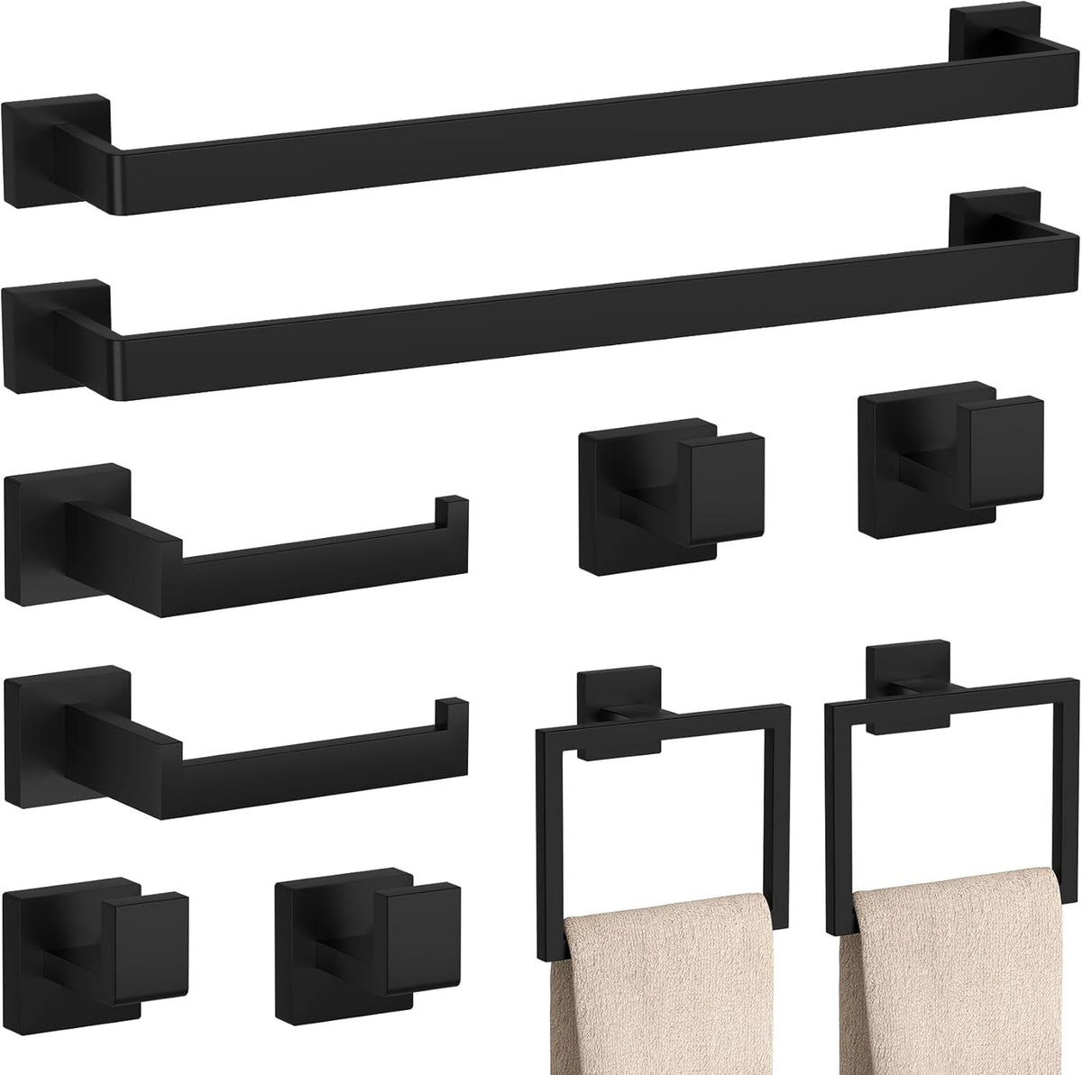 10-Piece Matte Black Bathroom Hardware Accessories Set Including 23.6 Inch Bath Towel Bar, Towel Rings, Bath Toilet Paper Holders, Robe Towel Hooks Set for Bathroom Stainless Steel Wall Mounted